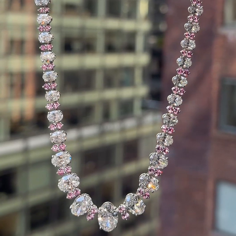 45ctw Oval Cut White Sapphire Alternate With Pairs Of Pink Sapphire Handmade Necklace