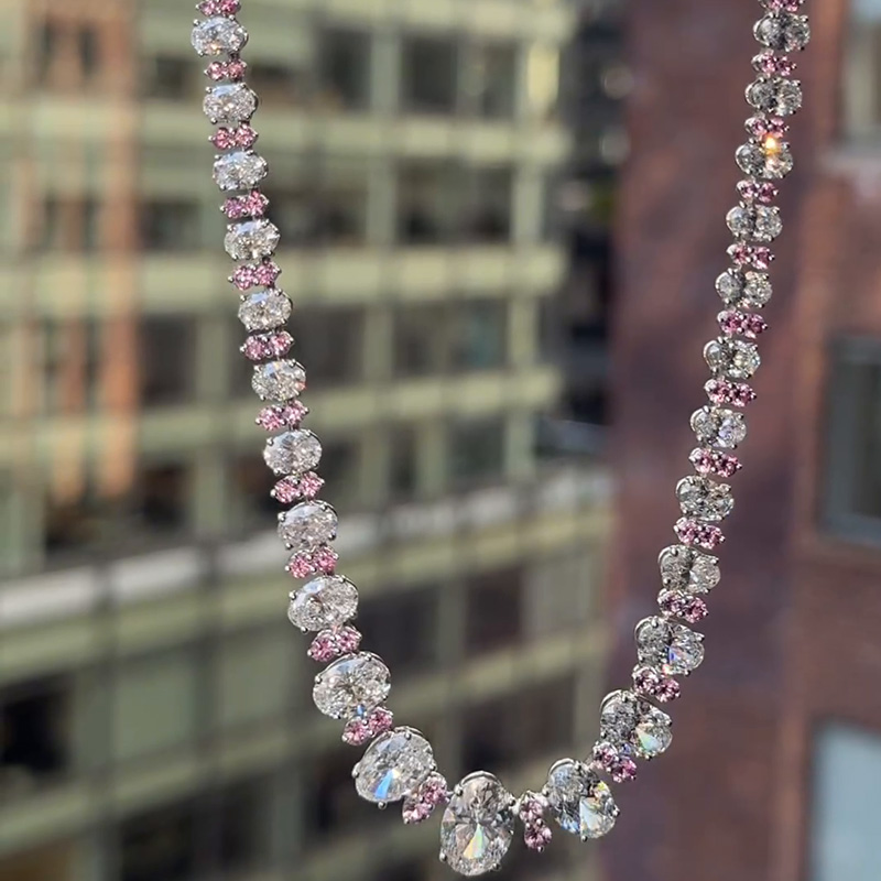 45ctw Oval Cut White Sapphire Alternate With Pairs Of Pink Sapphire Handmade Necklace