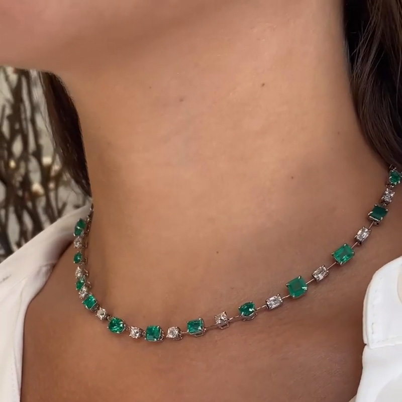 30ctw Multi-Cut Emerald & White Sapphire Handmade Necklace