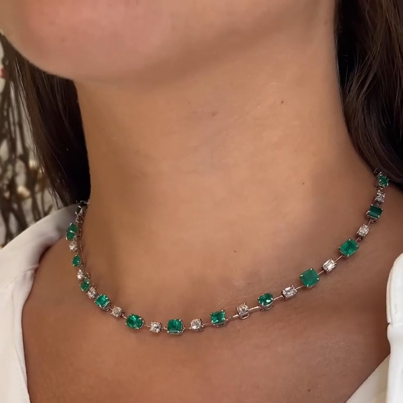 30ctw Multi-Cut Emerald & White Sapphire Handmade Necklace
