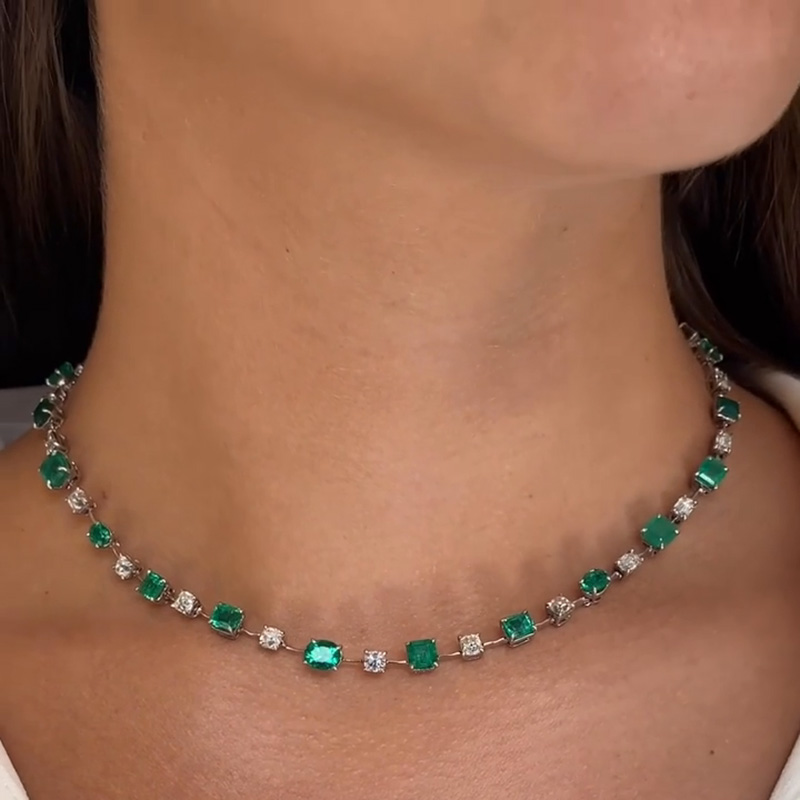 30ctw Multi-Cut Emerald & White Sapphire Handmade Necklace