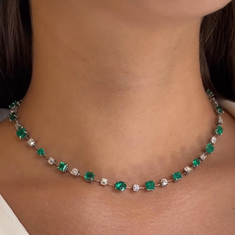30ctw Multi-Cut Emerald & White Sapphire Handmade Necklace