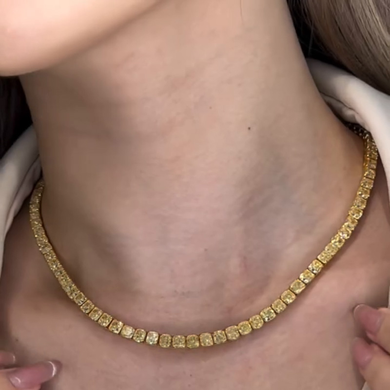 39ctw Cushion Cut Fancy Yellow Sapphire Tennis Yellow Gold Necklace
