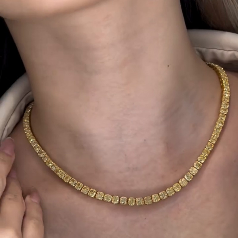 39ctw Cushion Cut Fancy Yellow Sapphire Tennis Yellow Gold Necklace