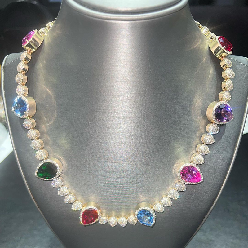 45ctw Pear Cut Multi-color Sapphires Paved Handmade Men's Necklace