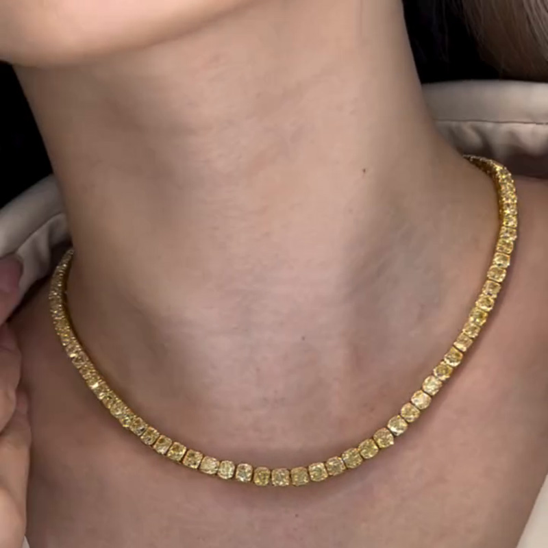39ctw Cushion Cut Fancy Yellow Sapphire Tennis Yellow Gold Necklace