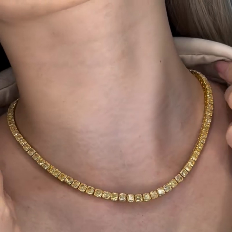 39ctw Cushion Cut Fancy Yellow Sapphire Tennis Yellow Gold Necklace