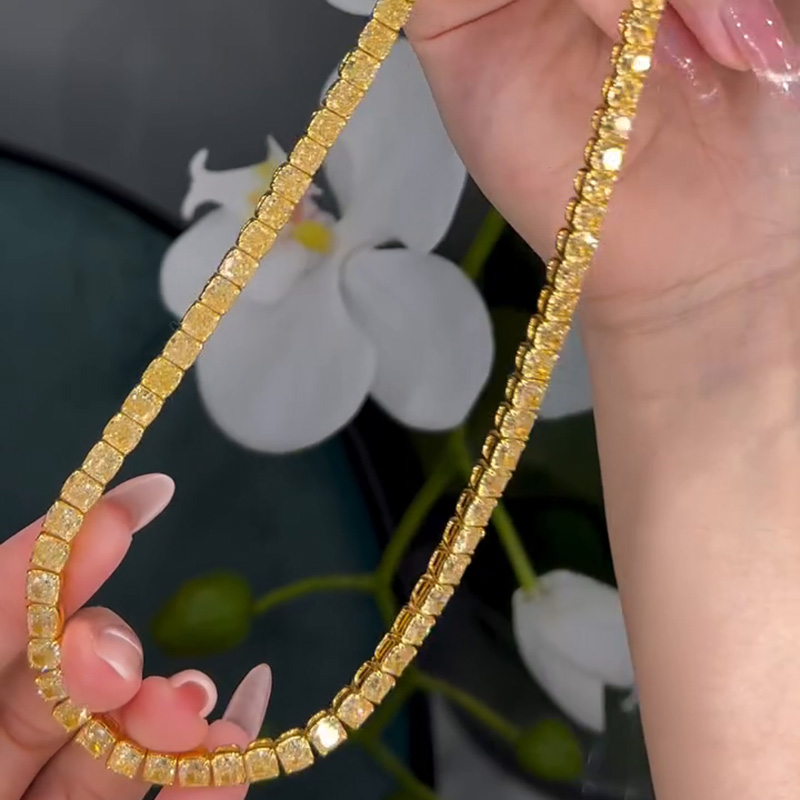 39ctw Cushion Cut Fancy Yellow Sapphire Tennis Yellow Gold Necklace