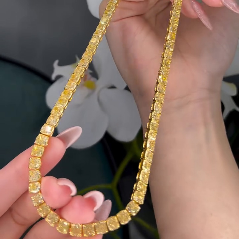 39ctw Cushion Cut Fancy Yellow Sapphire Tennis Yellow Gold Necklace