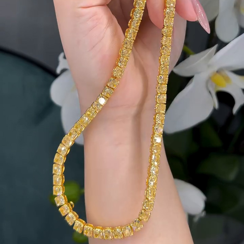 39ctw Cushion Cut Fancy Yellow Sapphire Tennis Yellow Gold Necklace
