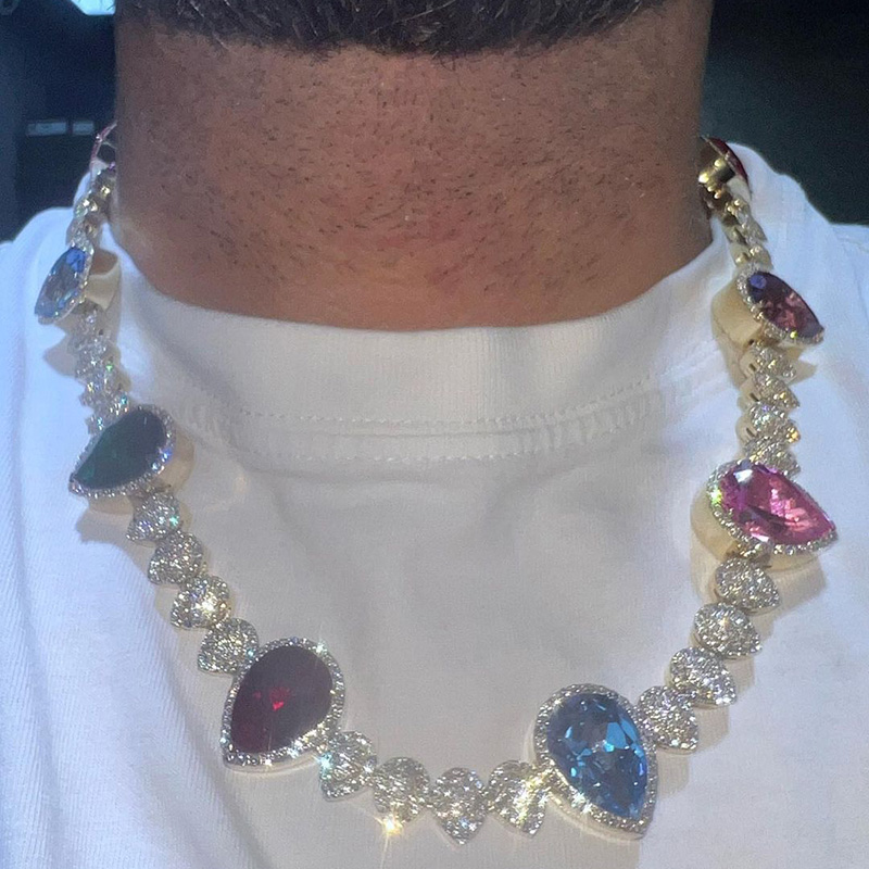 45ctw Pear Cut Multi-color Sapphires Paved Handmade Men's Necklace