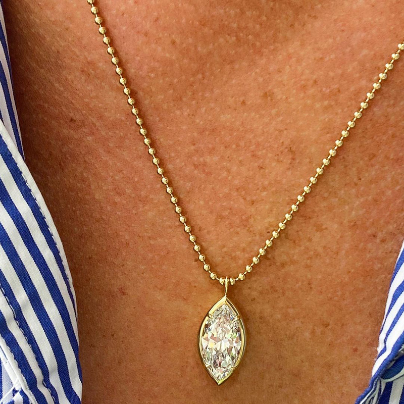 6.3ct Marquise Cut White Sapphire Yellow Gold Bead Chain Necklace