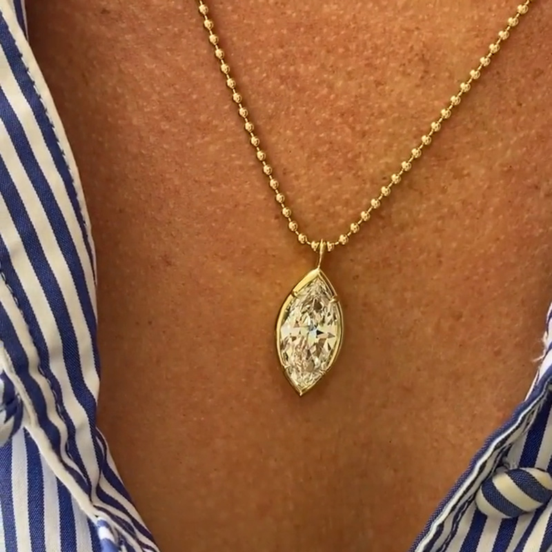 6.3ct Marquise Cut White Sapphire Yellow Gold Bead Chain Necklace