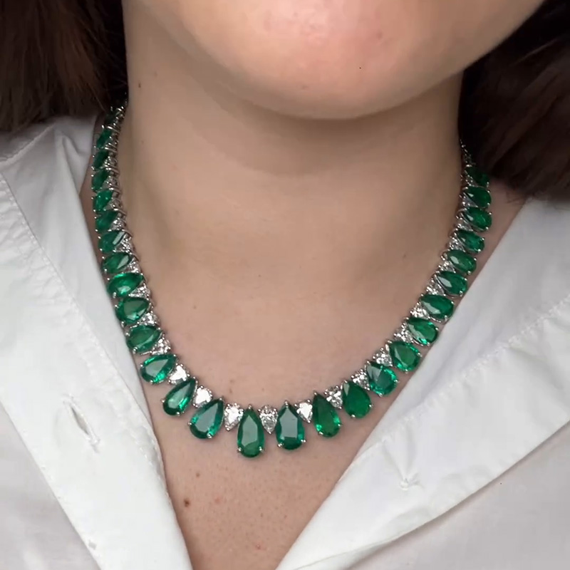 75ctw Pear Cut Emerald & White Sapphire Handmade Statement Necklace