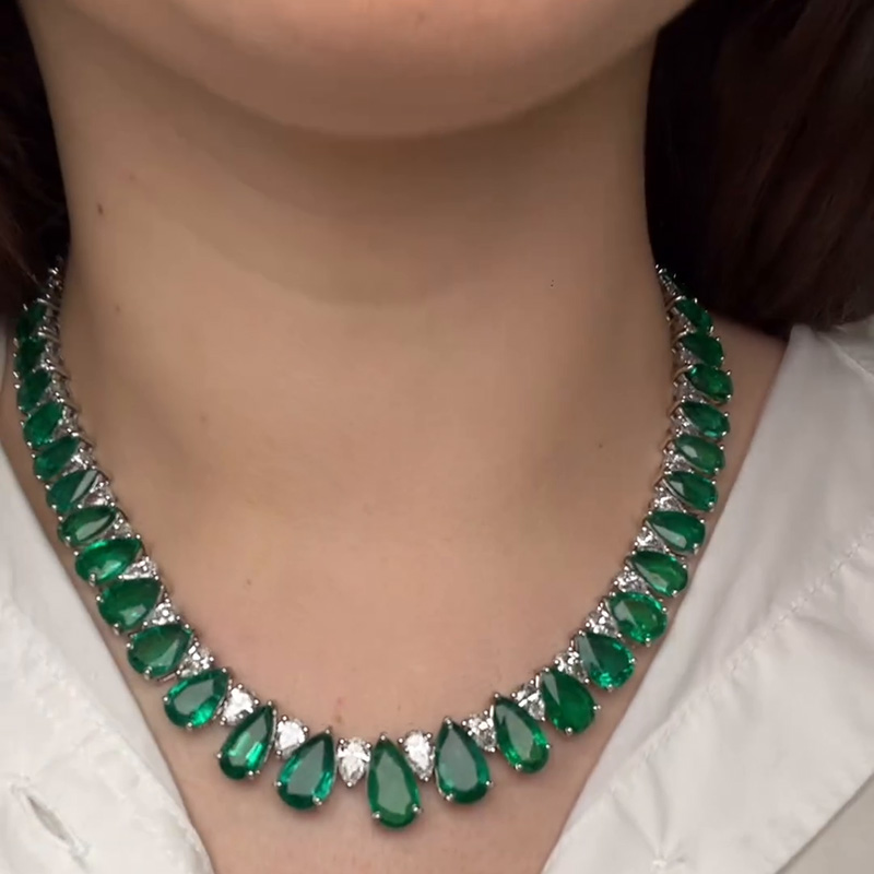 75ctw Pear Cut Emerald & White Sapphire Handmade Statement Necklace