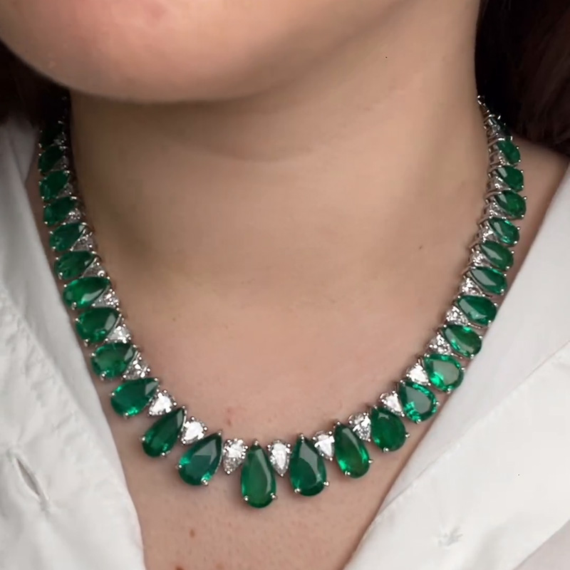 75ctw Pear Cut Emerald & White Sapphire Handmade Statement Necklace