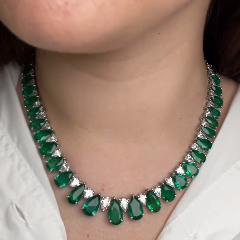 75ctw Pear Cut Emerald & White Sapphire Handmade Statement Necklace