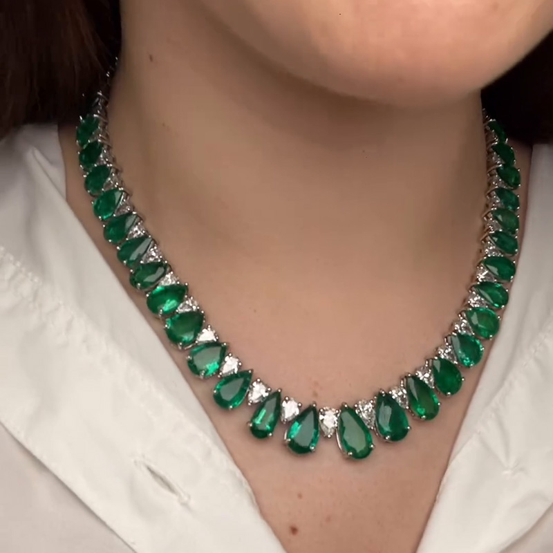 75ctw Pear Cut Emerald & White Sapphire Handmade Statement Necklace