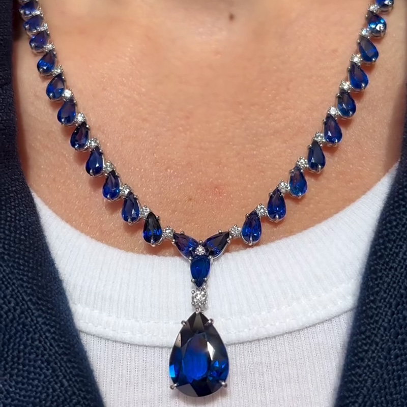 46ctw Pear Cut Royal Blue Sapphire Handmade Pendant Necklace
