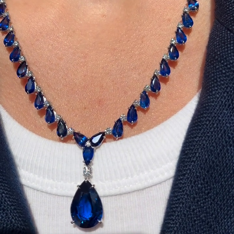 46ctw Pear Cut Royal Blue Sapphire Handmade Pendant Necklace