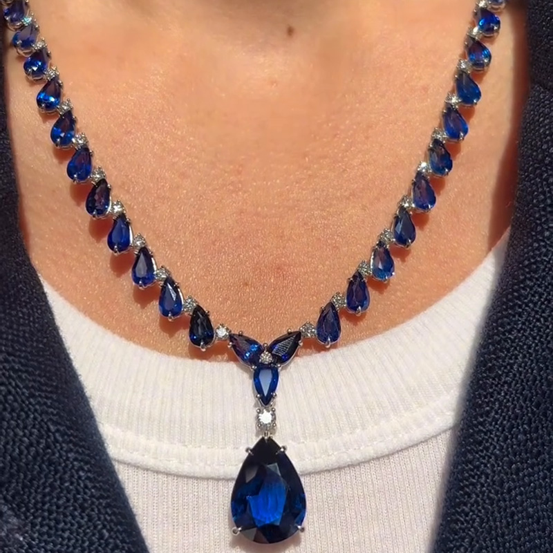 46ctw Pear Cut Royal Blue Sapphire Handmade Pendant Necklace