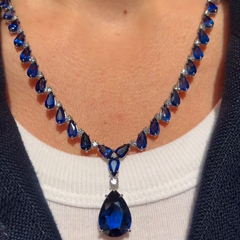 46ctw Pear Cut Royal Blue Sapphire Handmade Pendant Necklace