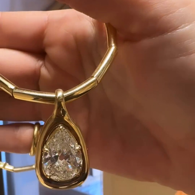 8ct Pear Cut White Sapphire Yellow Gold Handmade Pendant Necklace