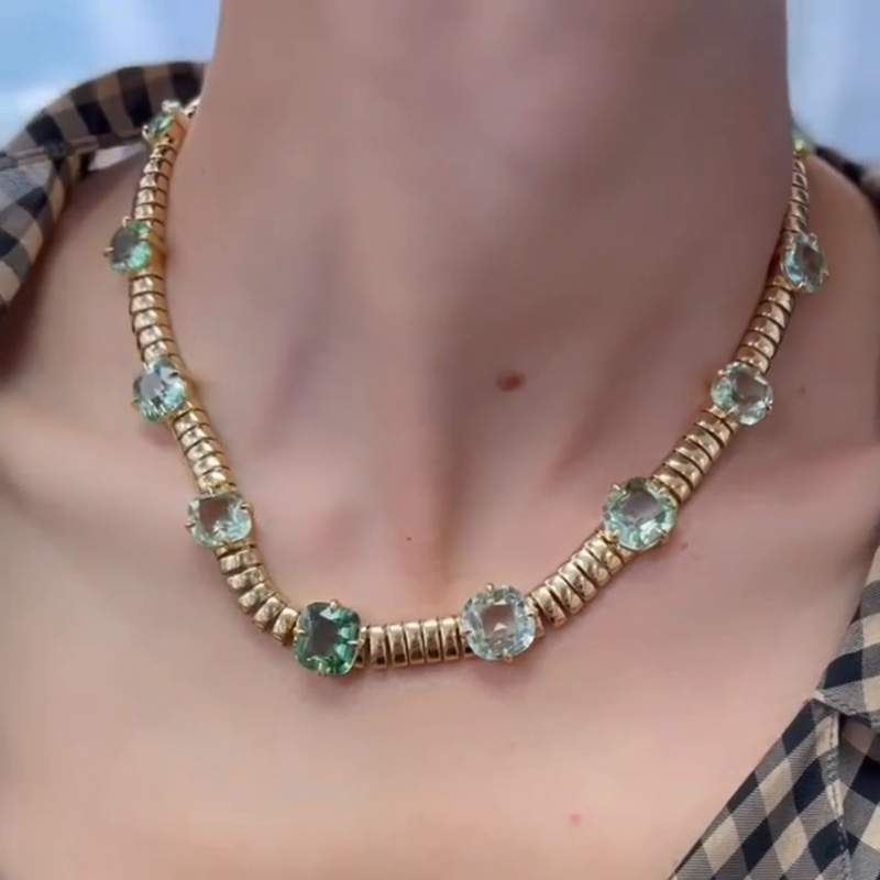79ctw Cushion Cut Mint Green Yellow Gold Handmade Rivière Necklace