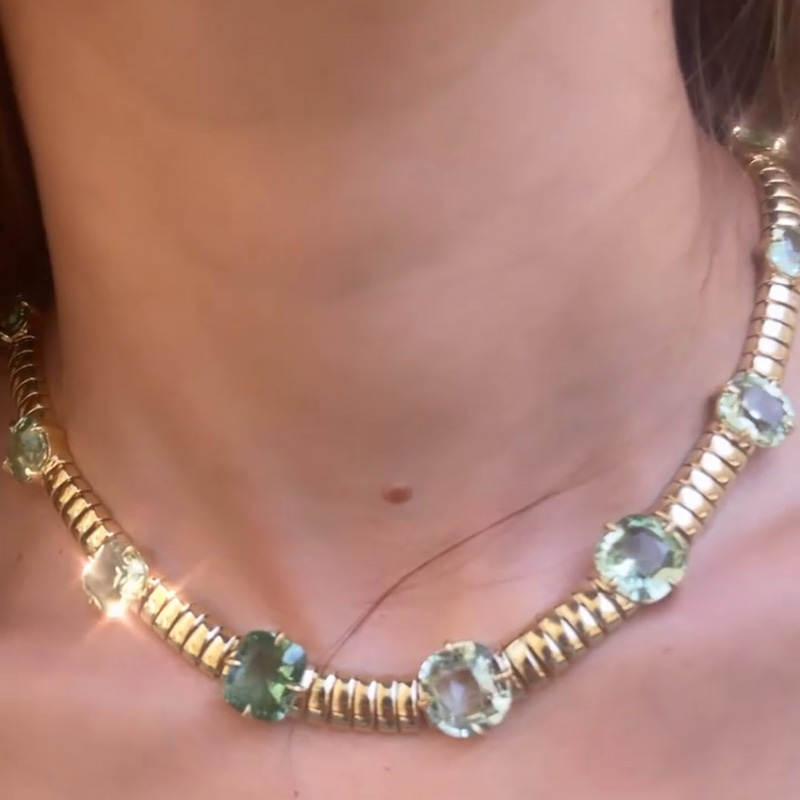 79ctw Cushion Cut Mint Green Yellow Gold Handmade Rivière Necklace