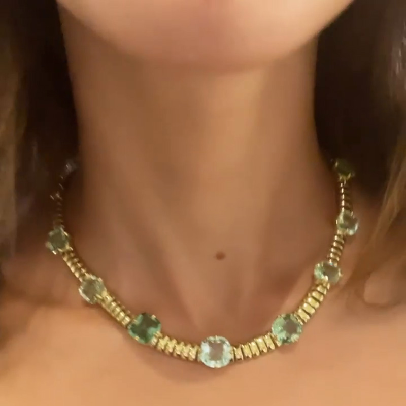 79ctw Cushion Cut Mint Green Yellow Gold Handmade Rivière Necklace