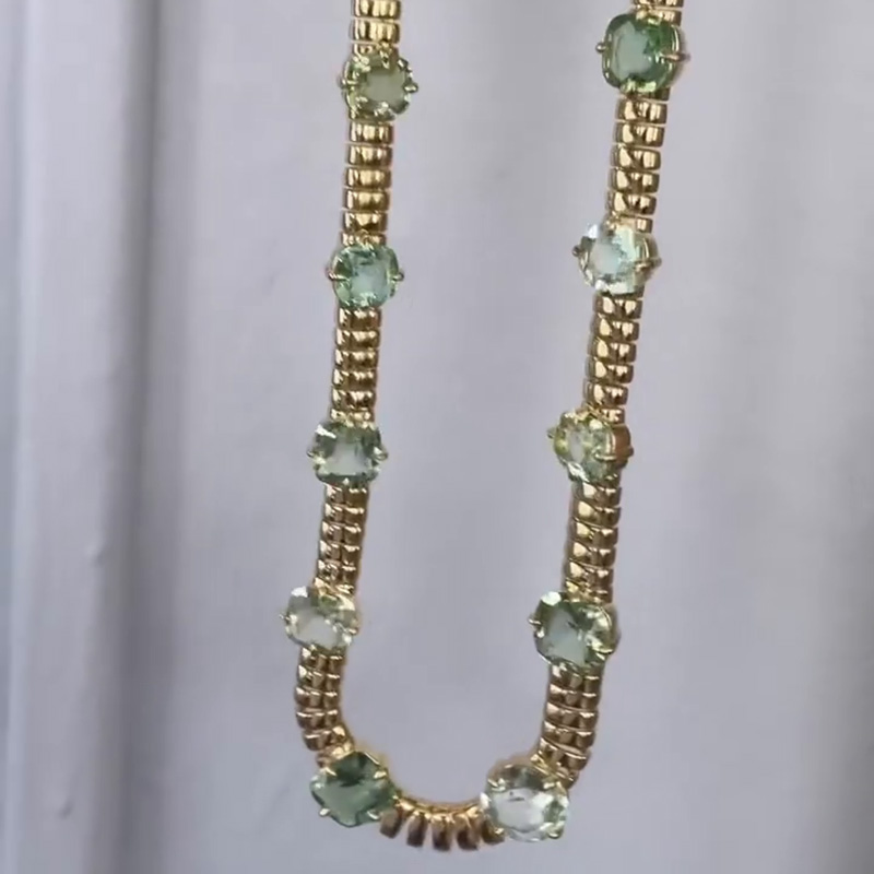 79ctw Cushion Cut Mint Green Yellow Gold Handmade Rivière Necklace