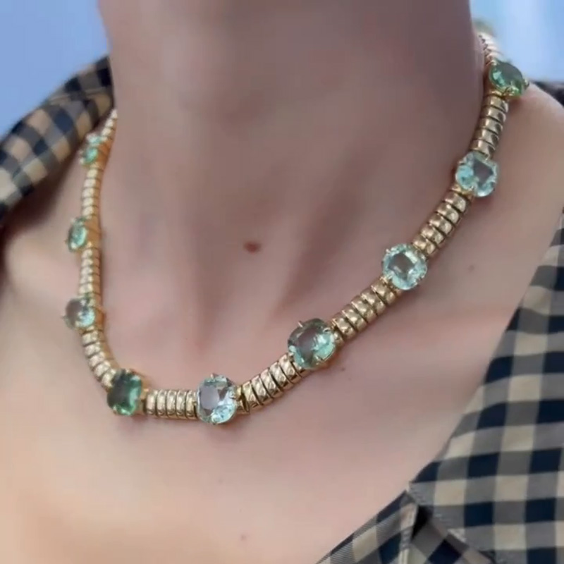 79ctw Cushion Cut Mint Green Yellow Gold Handmade Rivière Necklace