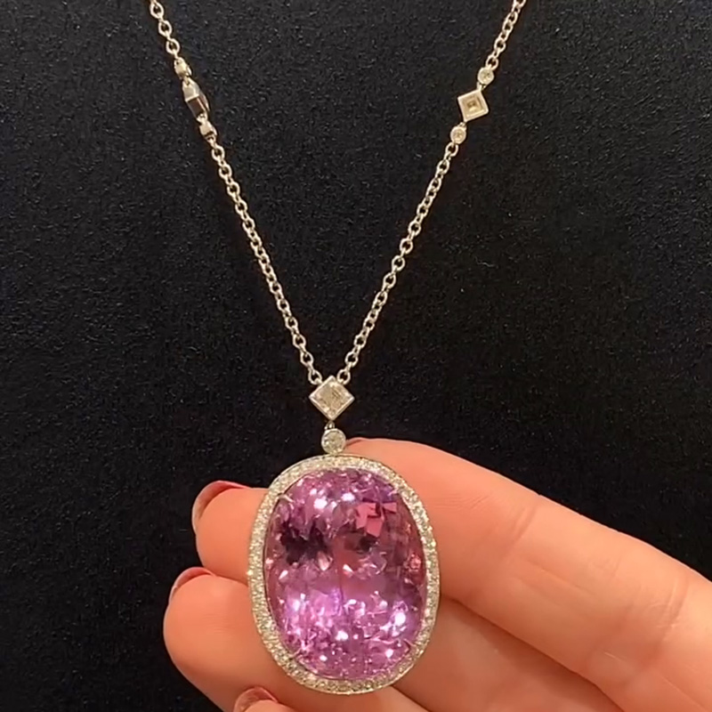 40ct Oval Cut Pink Sapphire Halo Pendant Necklace
