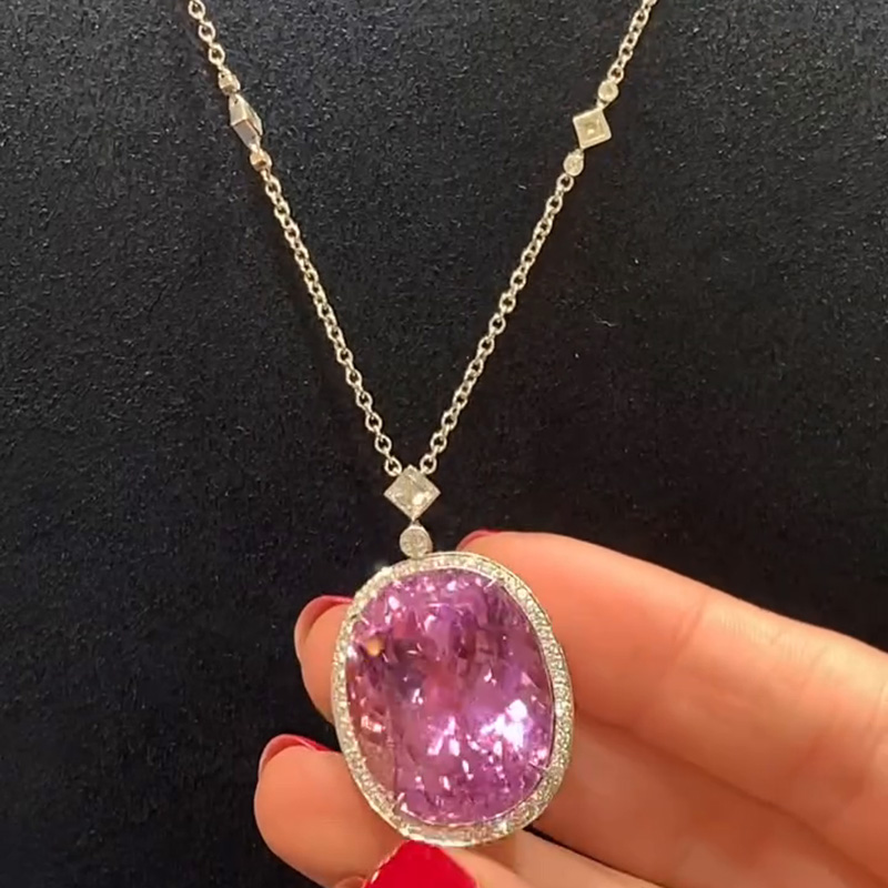 40ct Oval Cut Pink Sapphire Halo Pendant Necklace