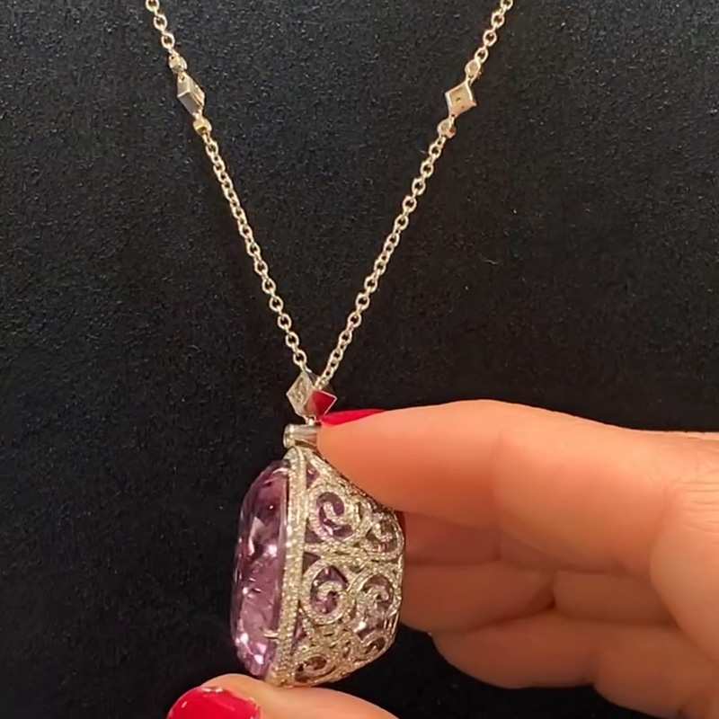 40ct Oval Cut Pink Sapphire Halo Pendant Necklace