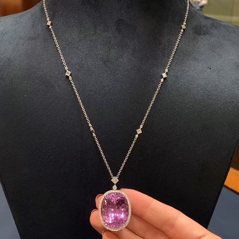 40ct Oval Cut Pink Sapphire Halo Pendant Necklace