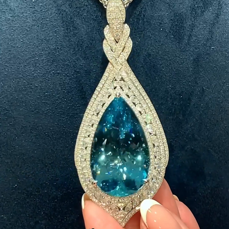 60ct Pear Cut Aquamarine Pave Set Halo Handmade Pendant Necklace