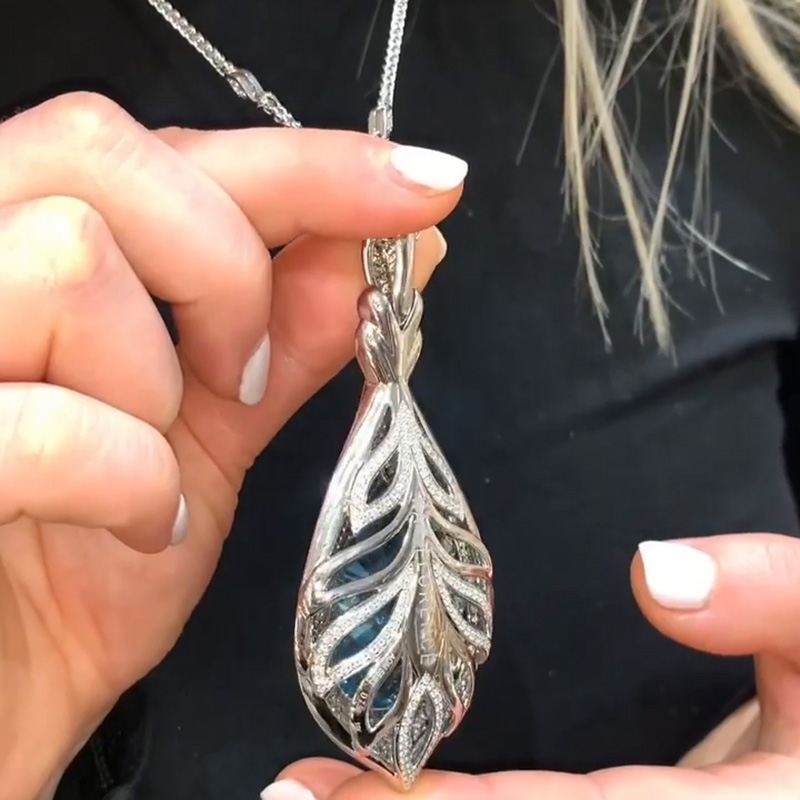 60ct Pear Cut Aquamarine Pave Set Halo Handmade Pendant Necklace