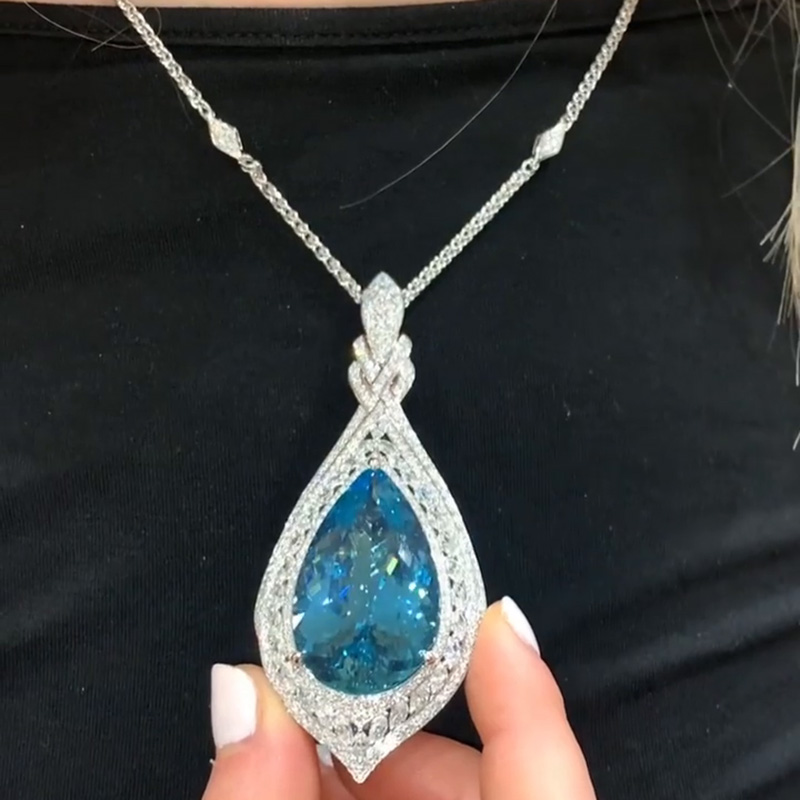 60ct Pear Cut Aquamarine Pave Set Halo Handmade Pendant Necklace