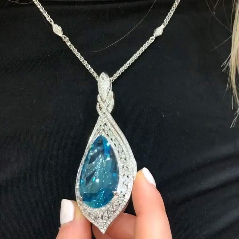 60ct Pear Cut Aquamarine Pave Set Halo Handmade Pendant Necklace