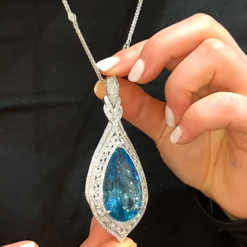 60ct Pear Cut Aquamarine Pave Set Halo Handmade Pendant Necklace