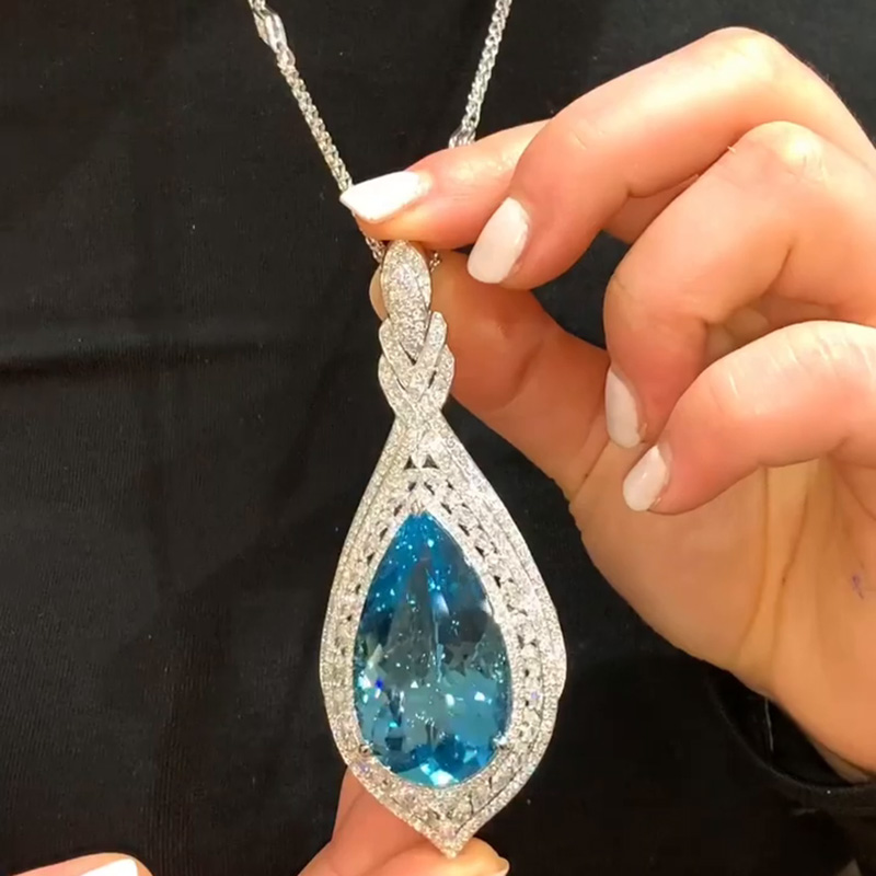 60ct Pear Cut Aquamarine Pave Set Halo Handmade Pendant Necklace
