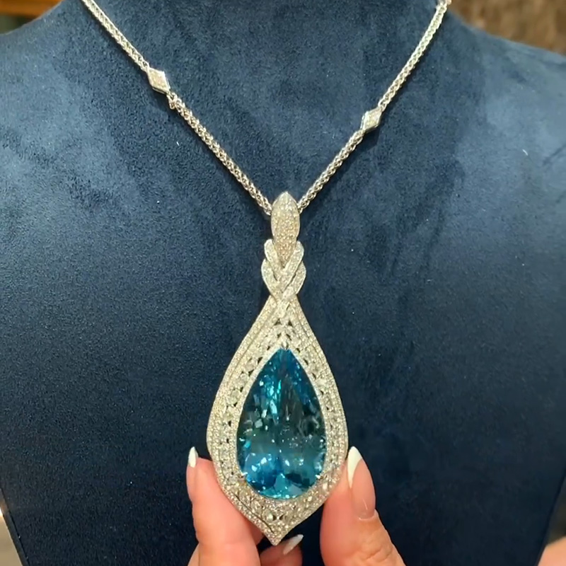 60ct Pear Cut Aquamarine Pave Set Halo Handmade Pendant Necklace
