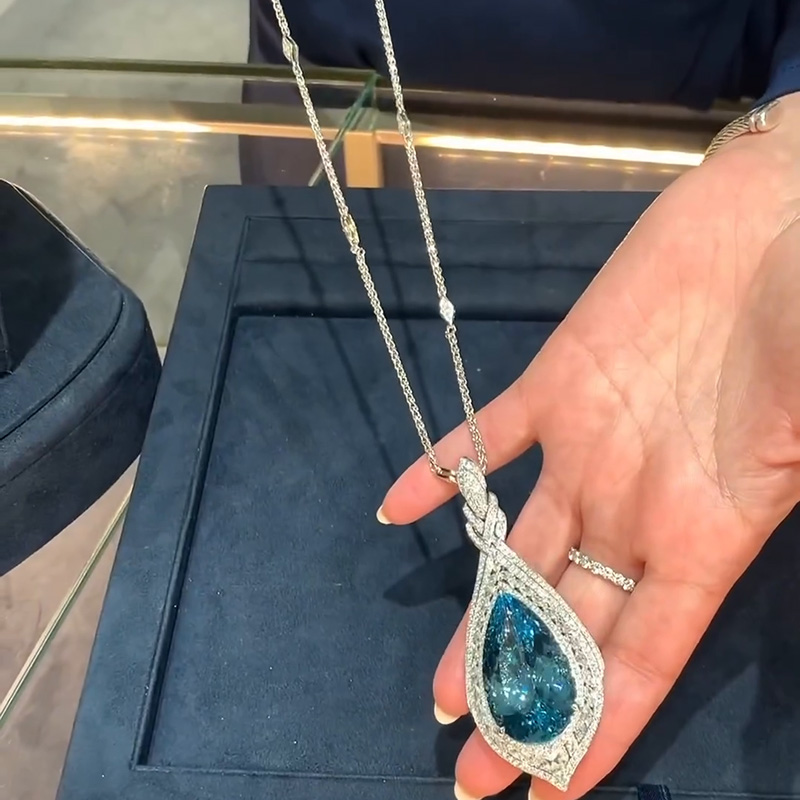 60ct Pear Cut Aquamarine Pave Set Halo Handmade Pendant Necklace