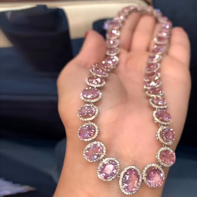 58ctw Oval Cut Pink Sapphire Halo Luxury Handmade Necklace