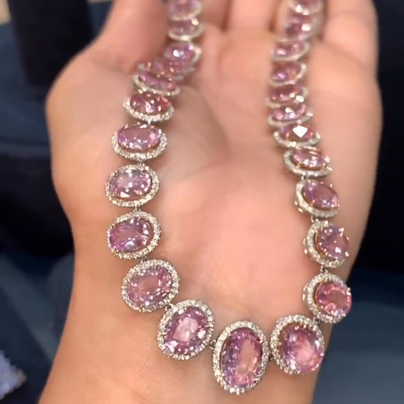 58ctw Oval Cut Pink Sapphire Halo Luxury Handmade Necklace