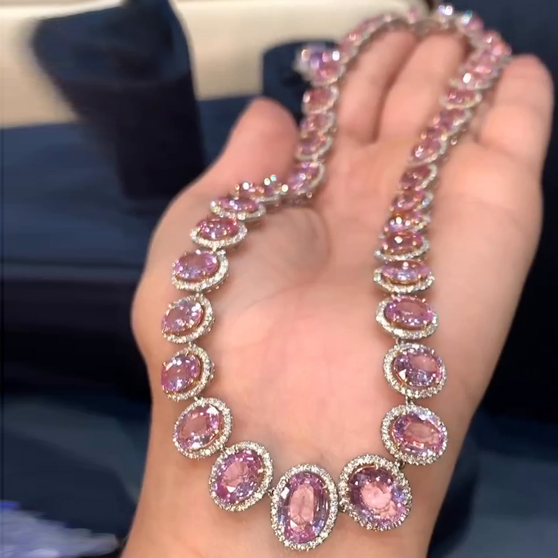 58ctw Oval Cut Pink Sapphire Halo Luxury Handmade Necklace