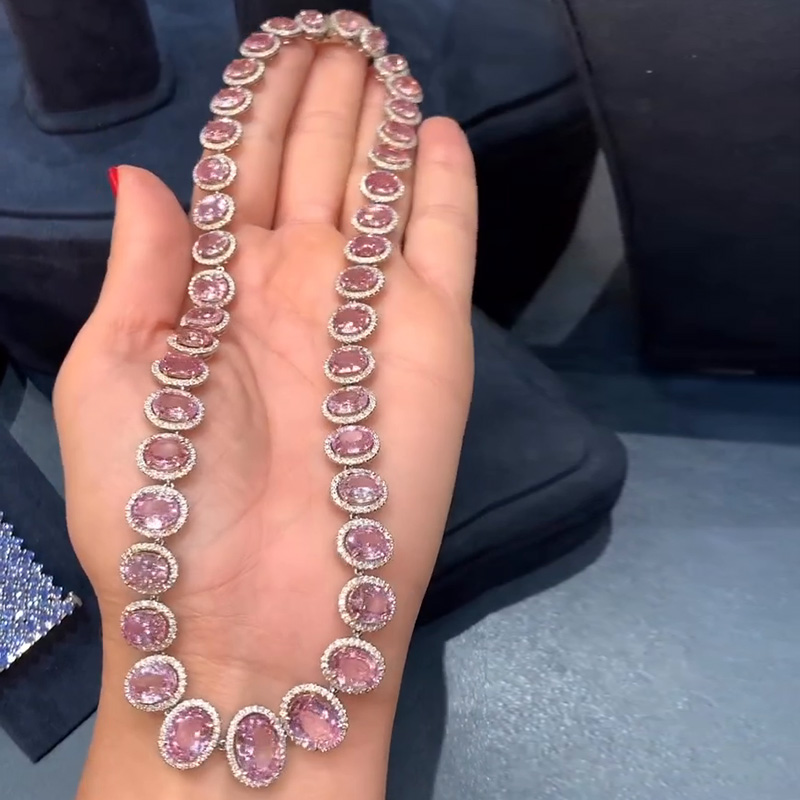 58ctw Oval Cut Pink Sapphire Halo Luxury Handmade Necklace