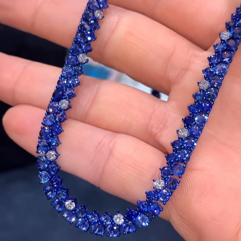 25ctw Round Cut Blue & White Sapphire Classic Handmade Necklace