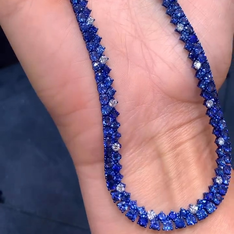 25ctw Round Cut Blue & White Sapphire Classic Handmade Necklace